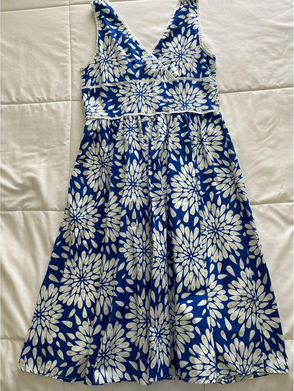 George Blue White Floral Burst V-Neck Sun Dress Fit Flare Midi